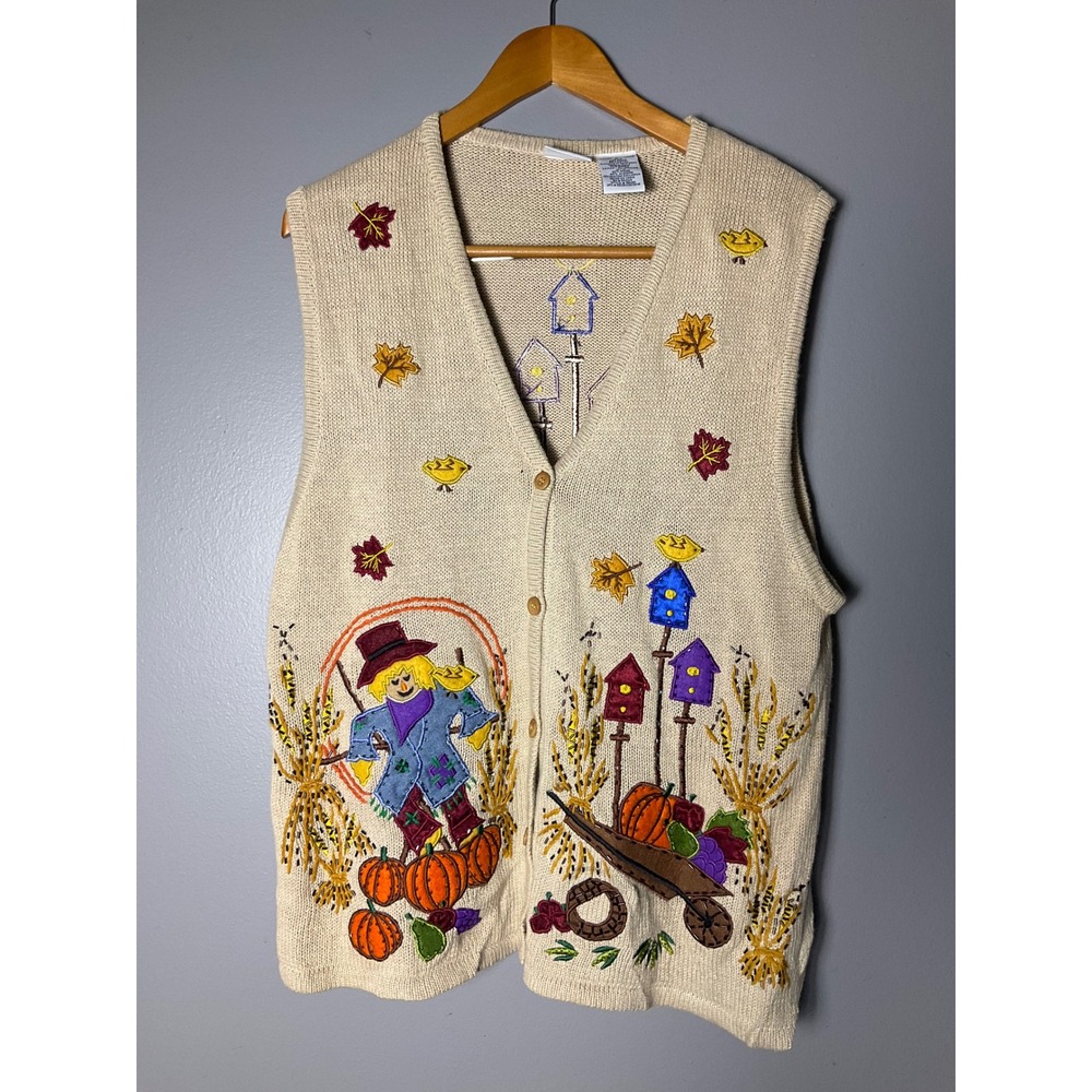 Bobbie Brooks Vintage Fall Scarecrow Pumpkin Birdhouse Knit Sweater Vest Large